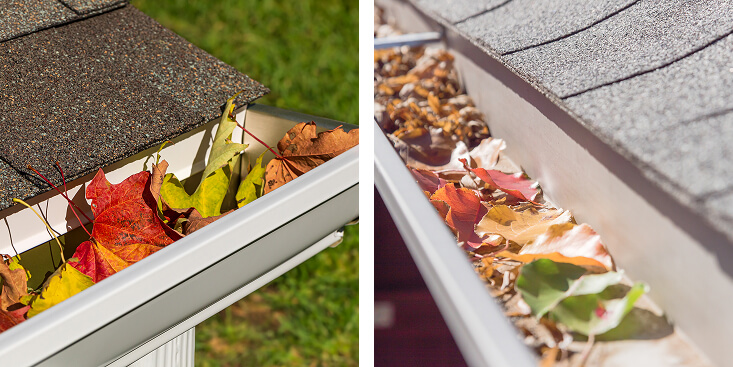 Gutter Guards Comparison of clean and clogged gutters with autumn leaves.