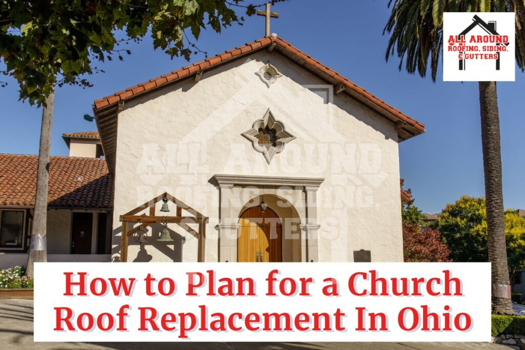 White church building with red tile roof and wooden bell tower in ohio