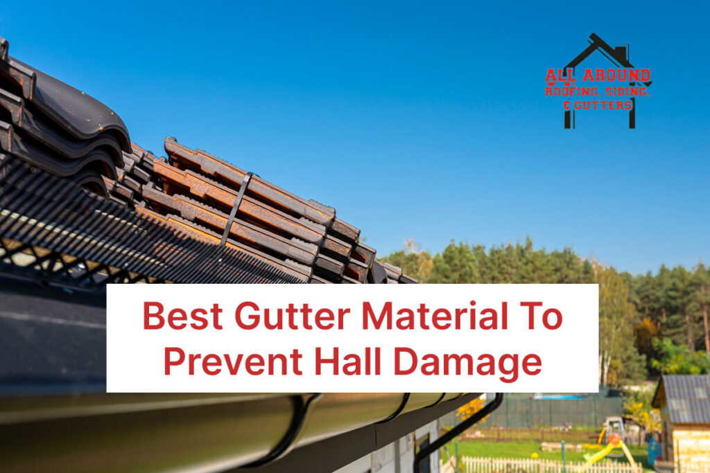 Close-up of gutter with protective guard under blue sky, highlighting roofing materials.