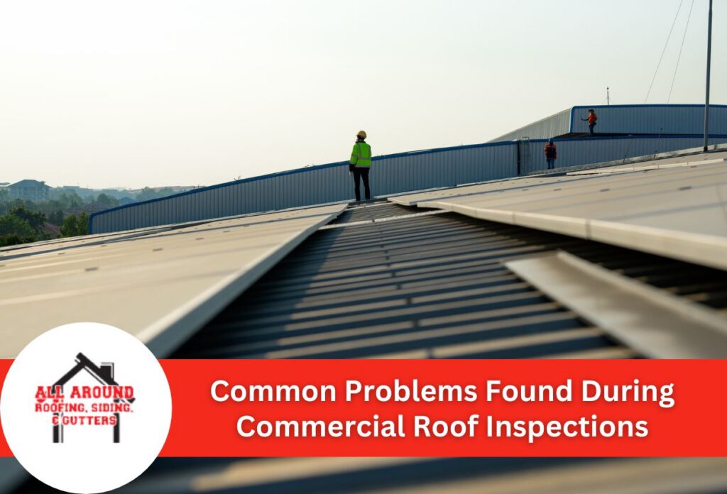 Inspector examines commercial rooftop with distant view.