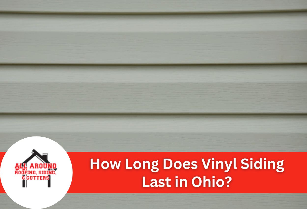 Close-up of beige vinyl siding with text about longevity in Ohio