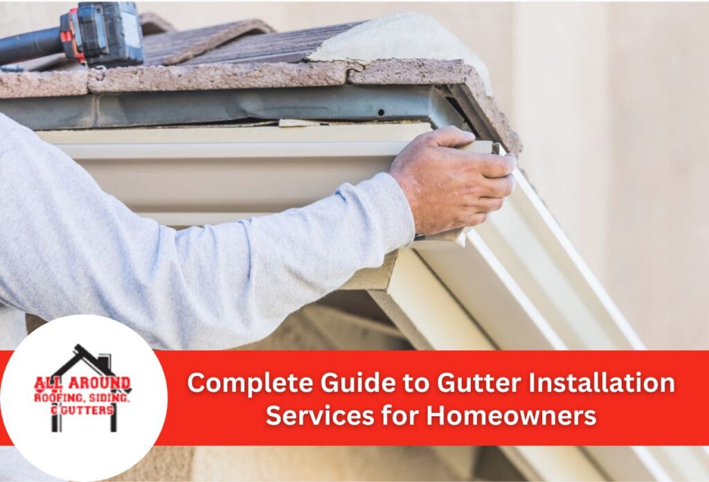 Person installing a gutter on a house roof close-up