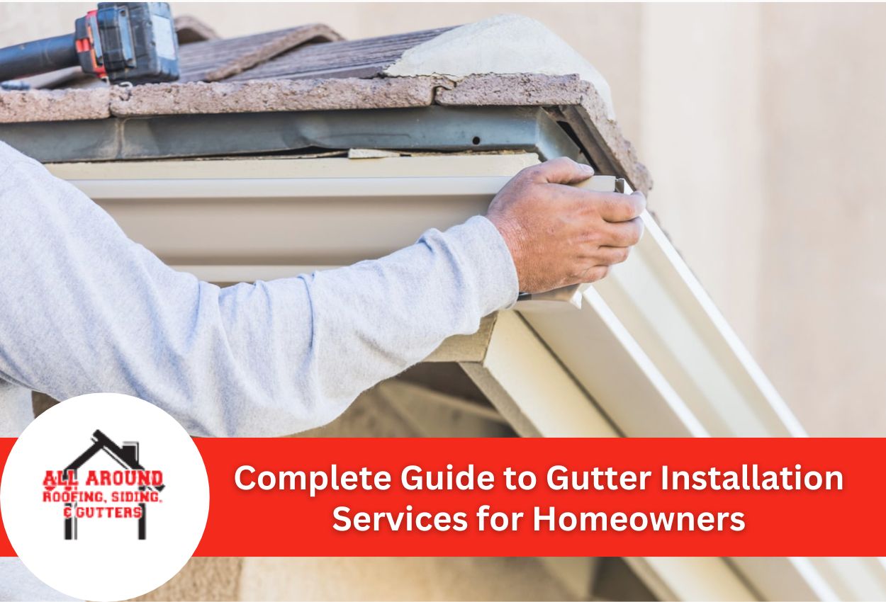 Person installing a gutter on a house roof close-up