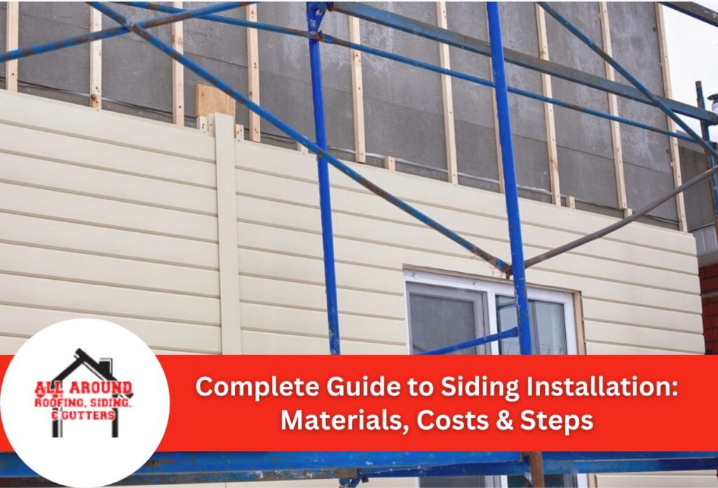 Siding installation process with scaffolding and vinyl panels.