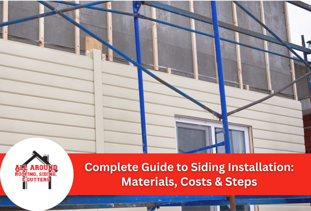 Siding installation process with scaffolding and vinyl panels.