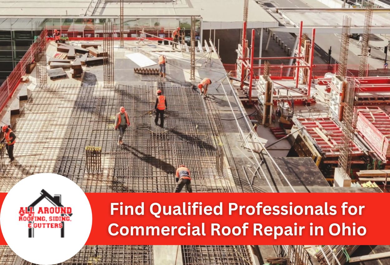 Construction workers on a commercial roof repair site in Ohio.
