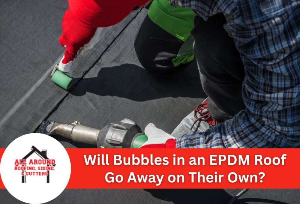 Technician repairing an EPDM roof with a heat gun and roller tool.